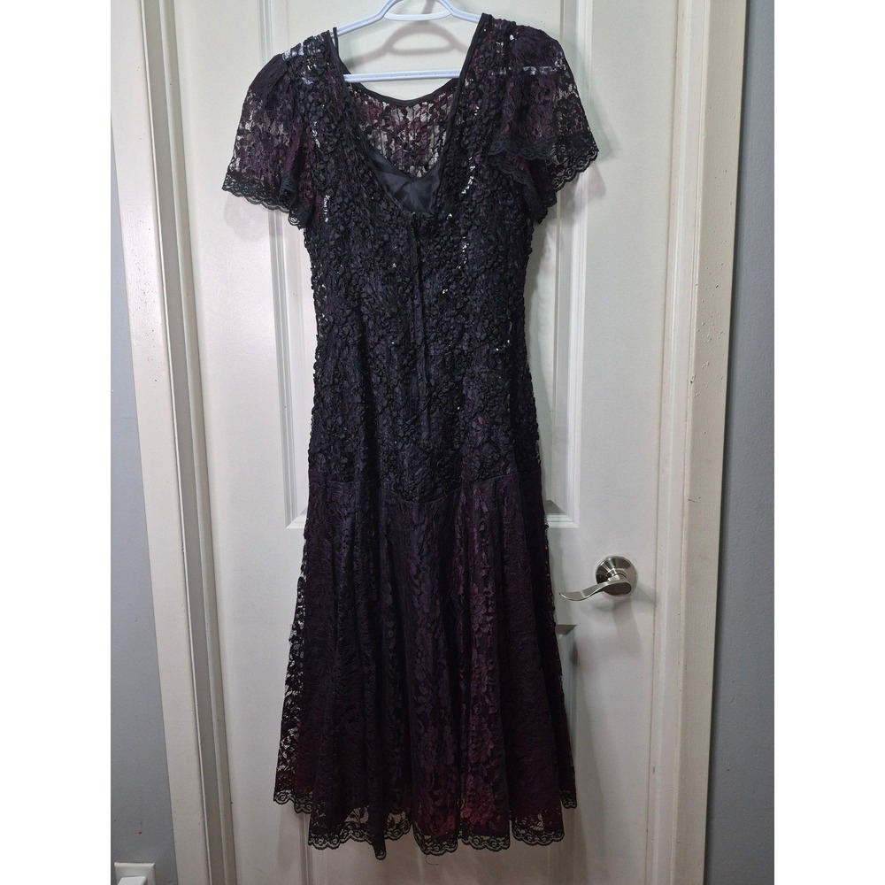Vintage Black Purple Lace Sequin Ribbon Rosette Evening Gown Tea Length Dress - Picture 2 of 12